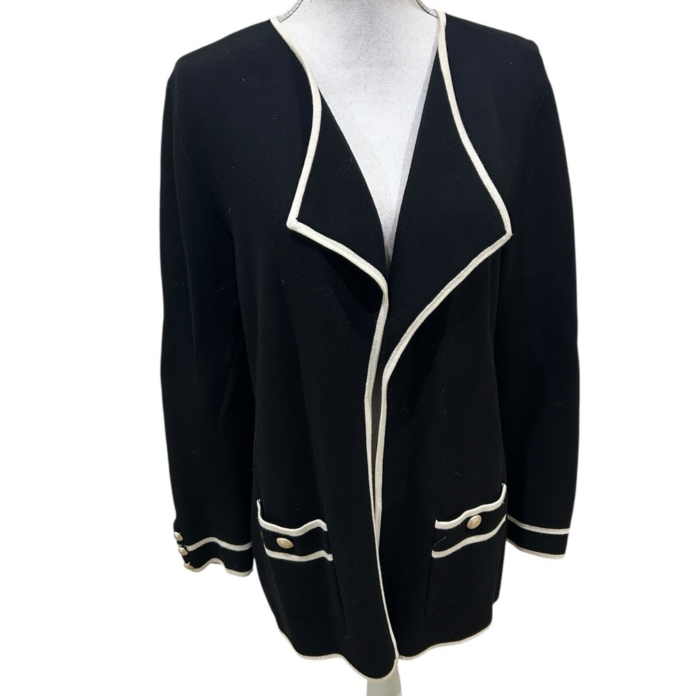 Talbots Black open front knit Cardigan jacket with Cream Contrast Trim large